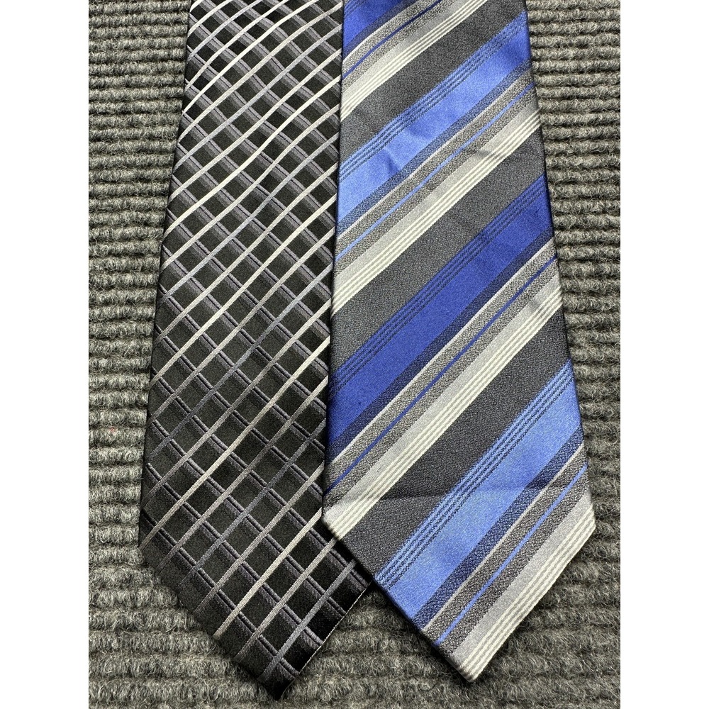 Kenneth Cole Reaction Ties Mens One Size Black Blue Striped Plaid Dress Lot of 2
